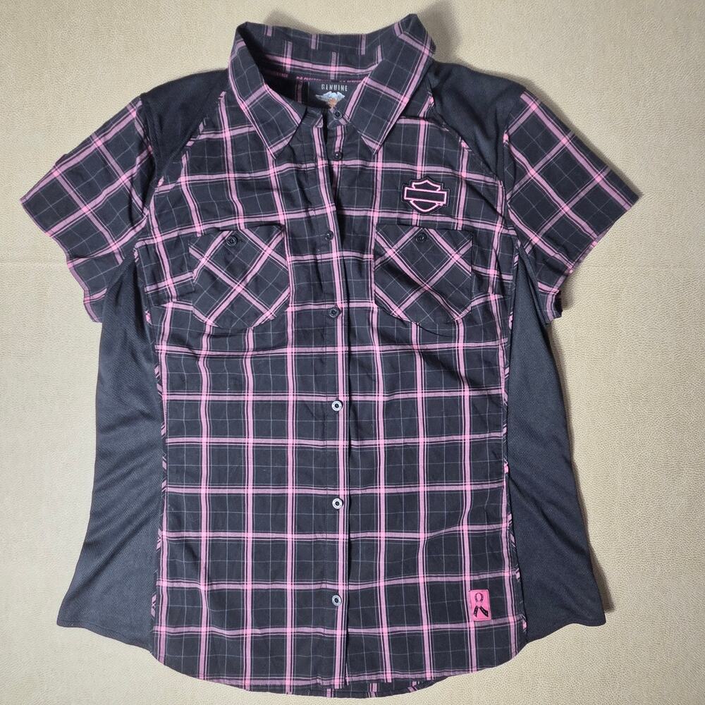 Harley-Davidson Pink Label Performance Plaid Mesh Short Sleeve Button Up Shirt L